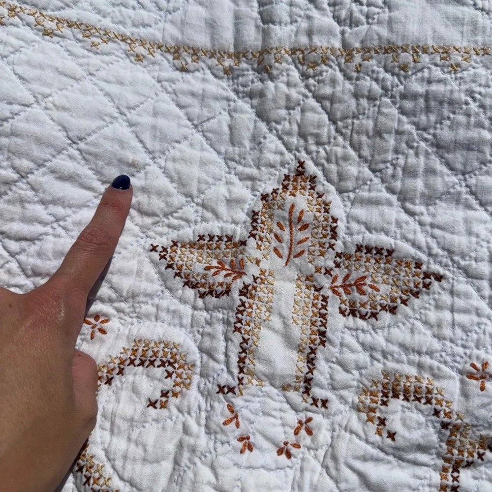 Vintage Hand Embroidered Quilt Brown Cross Stitch Whole Cloth Folk Art Coverlet